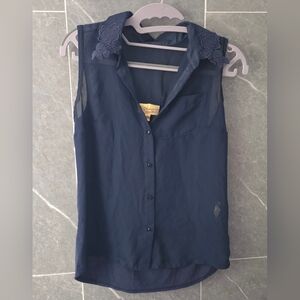 Princess Vera Wang Blue Tank Top Blouse Sheer Button Up Rose Floral Collar XS